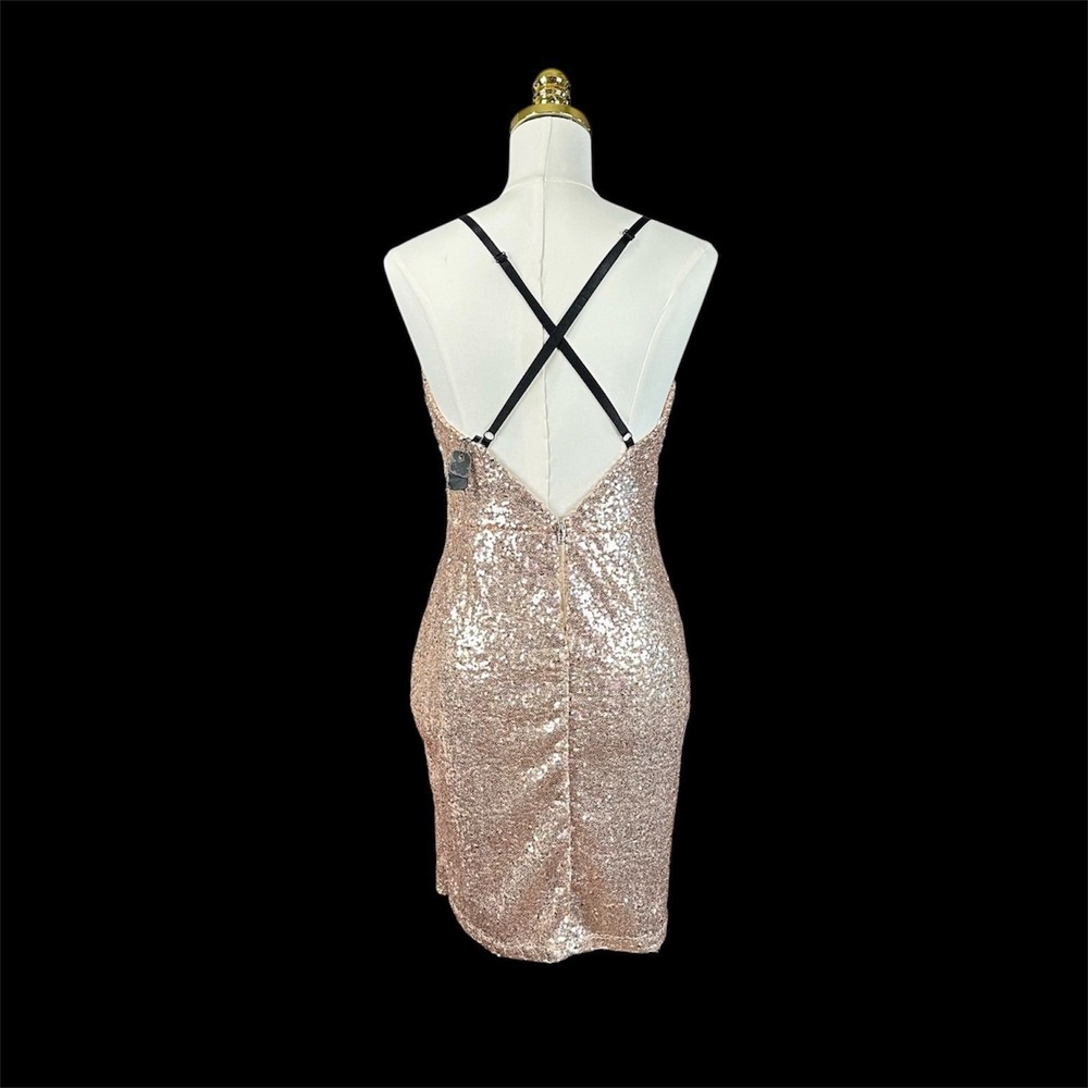 NWT Rose Gold Sequin Black Lace Applique Mini Dress V-Neck Open Back Prom M - Picture 6 of 11